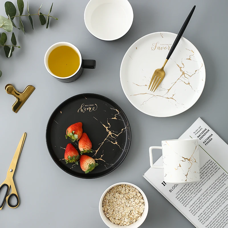 Белый и черный золотой Круглый золотистый керамический Обеденный набор