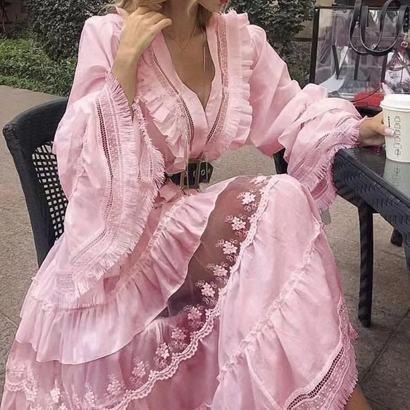 

Женское пляжное платье с широким подолом, длинное однотонное Привлекательное платье составного кроя с V-образным вырезом и расширяющимся к...