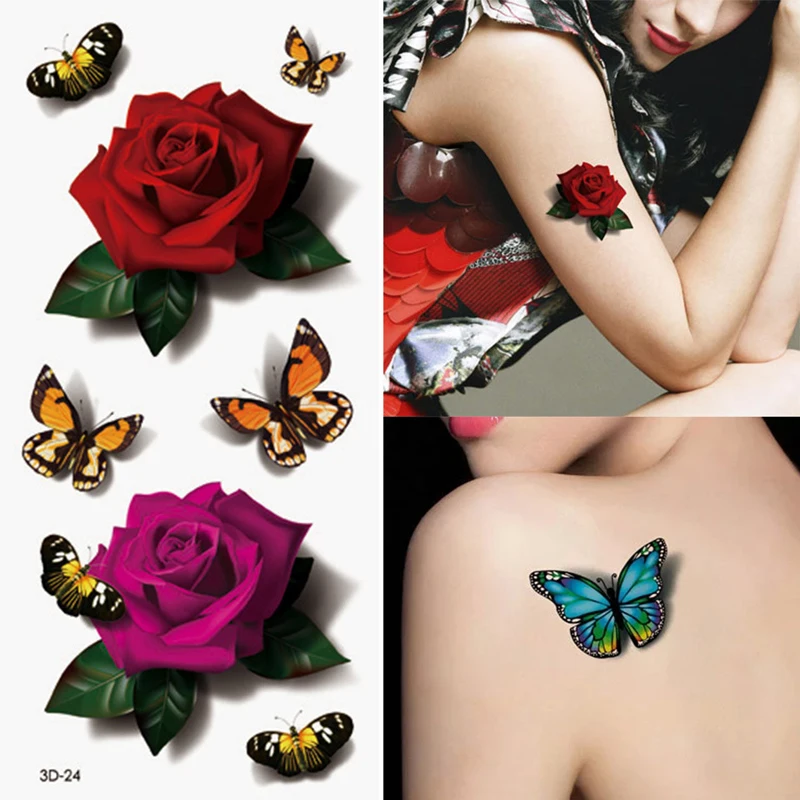 10-3pcs Sexy Colorful Rose Flower Water Transfer Temporary Tattoos Sticker for Women Girls Body Art Waterproof Temporary Tattoos