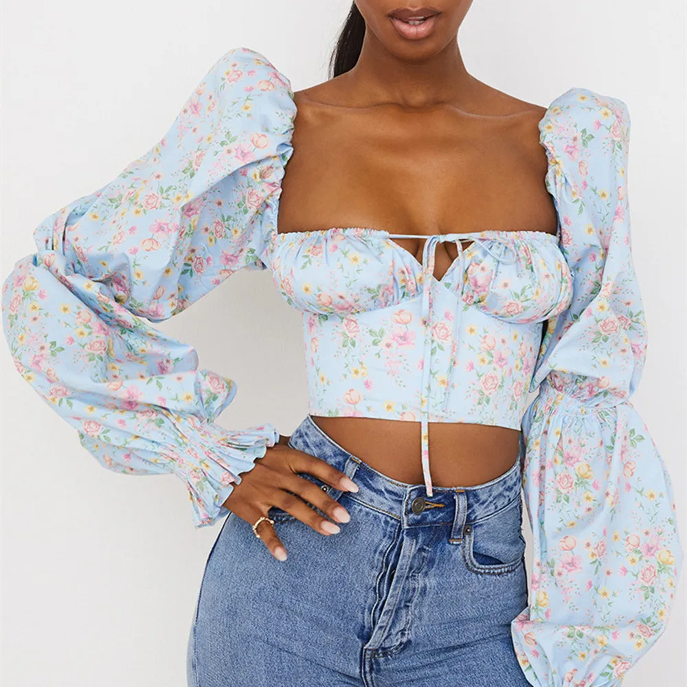 

Женская блузка 2021 летний винтажный буф с длинным рукавом Блузка с квадратным вырезом для женщин рубашки топы пикантные узкие Цветочный при...