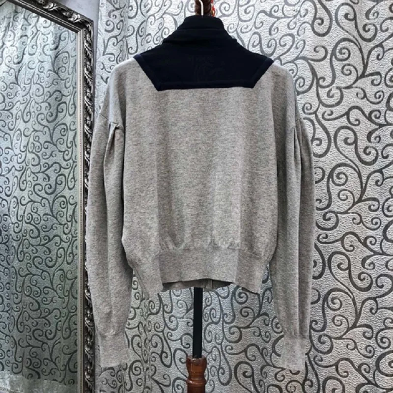 2020 Autumn Winter Fashion Sweater Cardigan Women Bow Collar Vintage Print Patchwork Long Sleeve Black Grey Knitted Cardigans