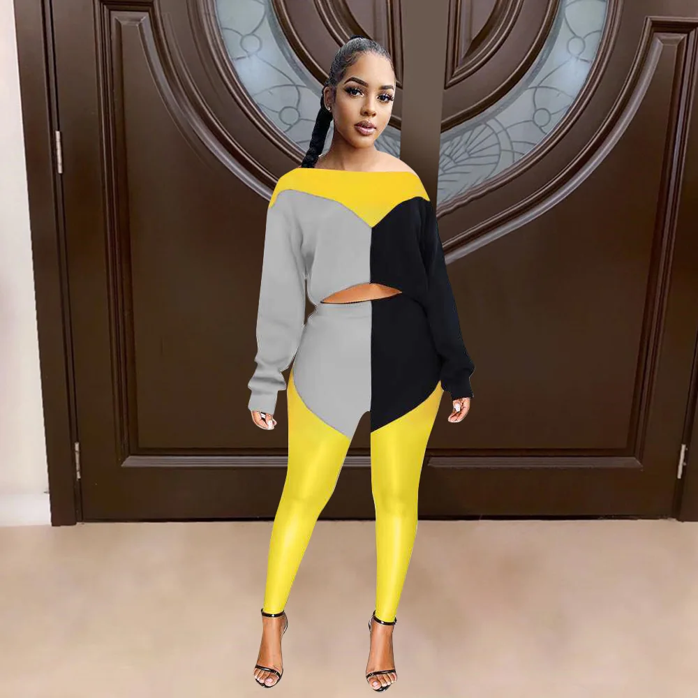 

Женский спортивный костюм с длинным рукавом, разноцветный лоскутный пуловер с высокой талией и спортивные брюки для бега, повседневный осе...