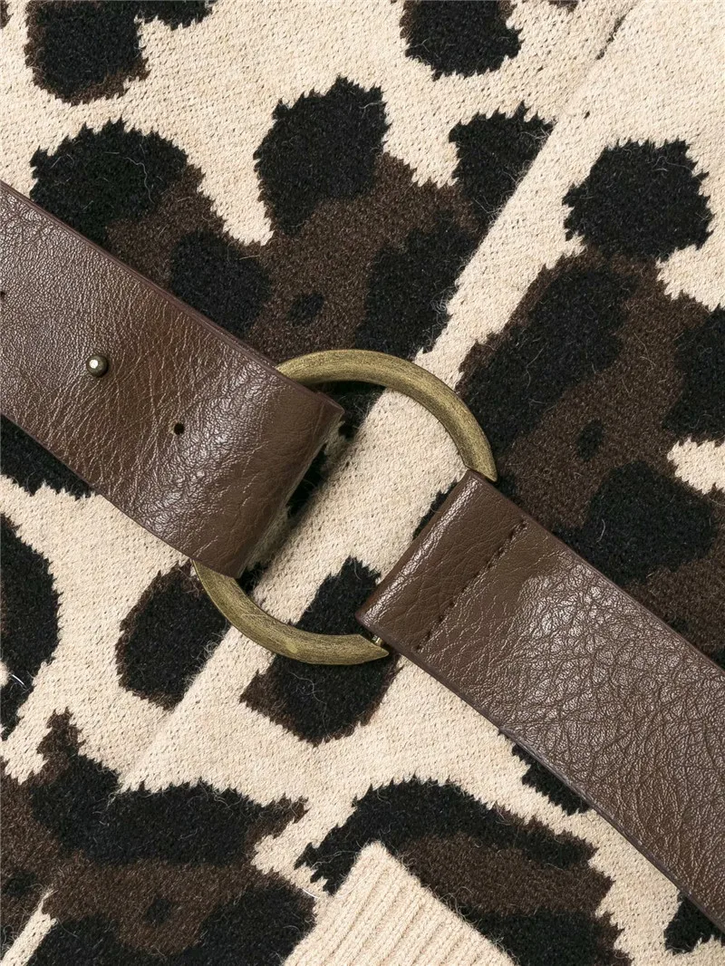 

Fashion Women Leopard Sweater Coats 2020 Elegant Ladies V-Neck Slim Knitted Coats Streetwear Female Vintage Belt Cardigan