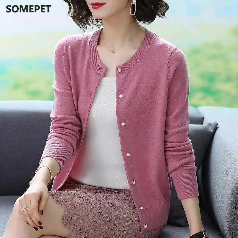 

Fashion Korean Knitting Cardigans Women Solid elegant long sleeve O-neck slim sweater Single Breasted Casual allmatch jacket