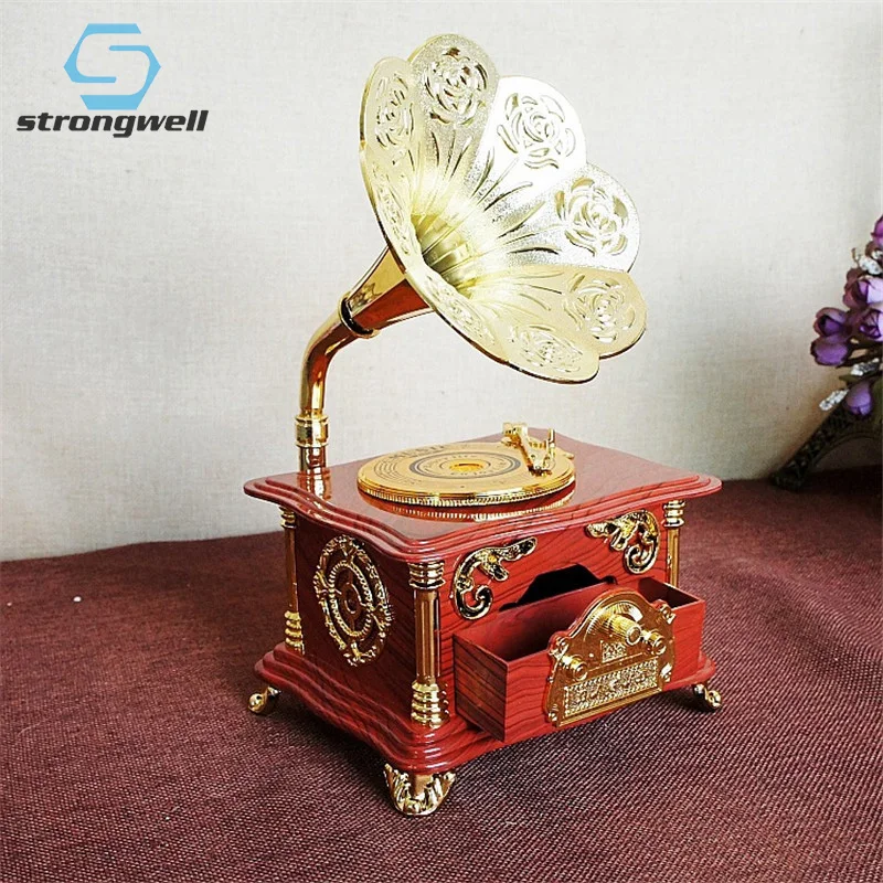 Strongwell винтажная красная Музыкальная шкатулка с граммофоном, шкатулка для ювелирных изделий, механическая музыкальная шкатулка, поворотный механизм, свадебный подарок