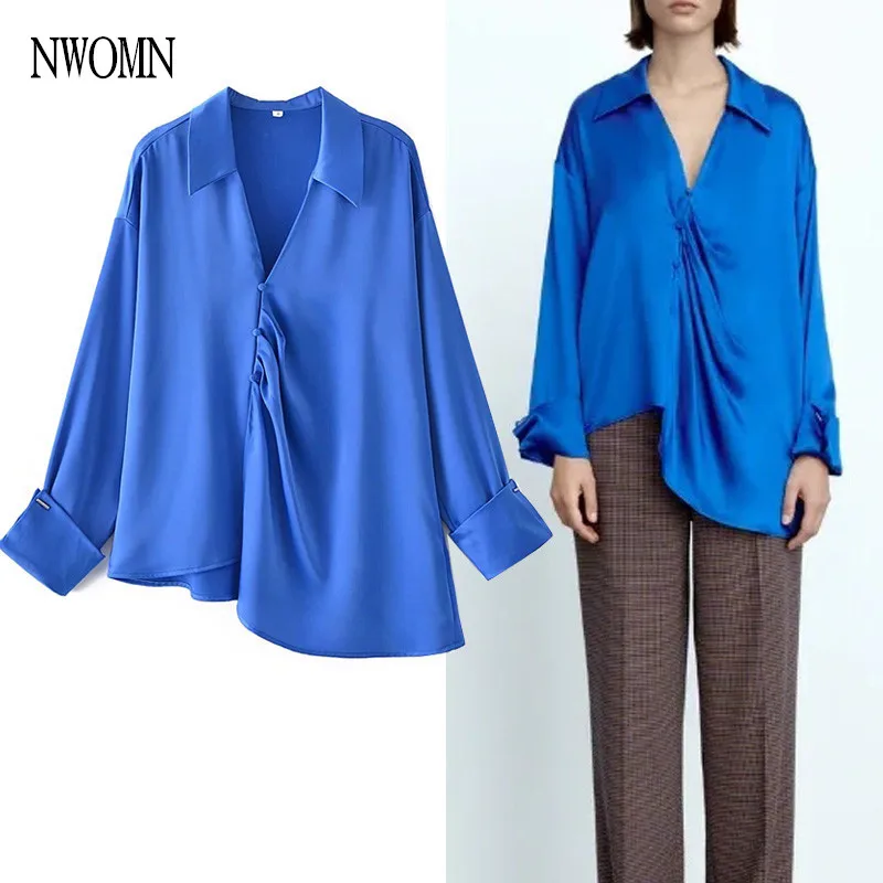 

NWOMN Za Women Blue Satin Shirt 2021 Autumn New Long Sleeve Oversized Blouse Office Lady Asymmetric Hem Female Shirts Chic Tops