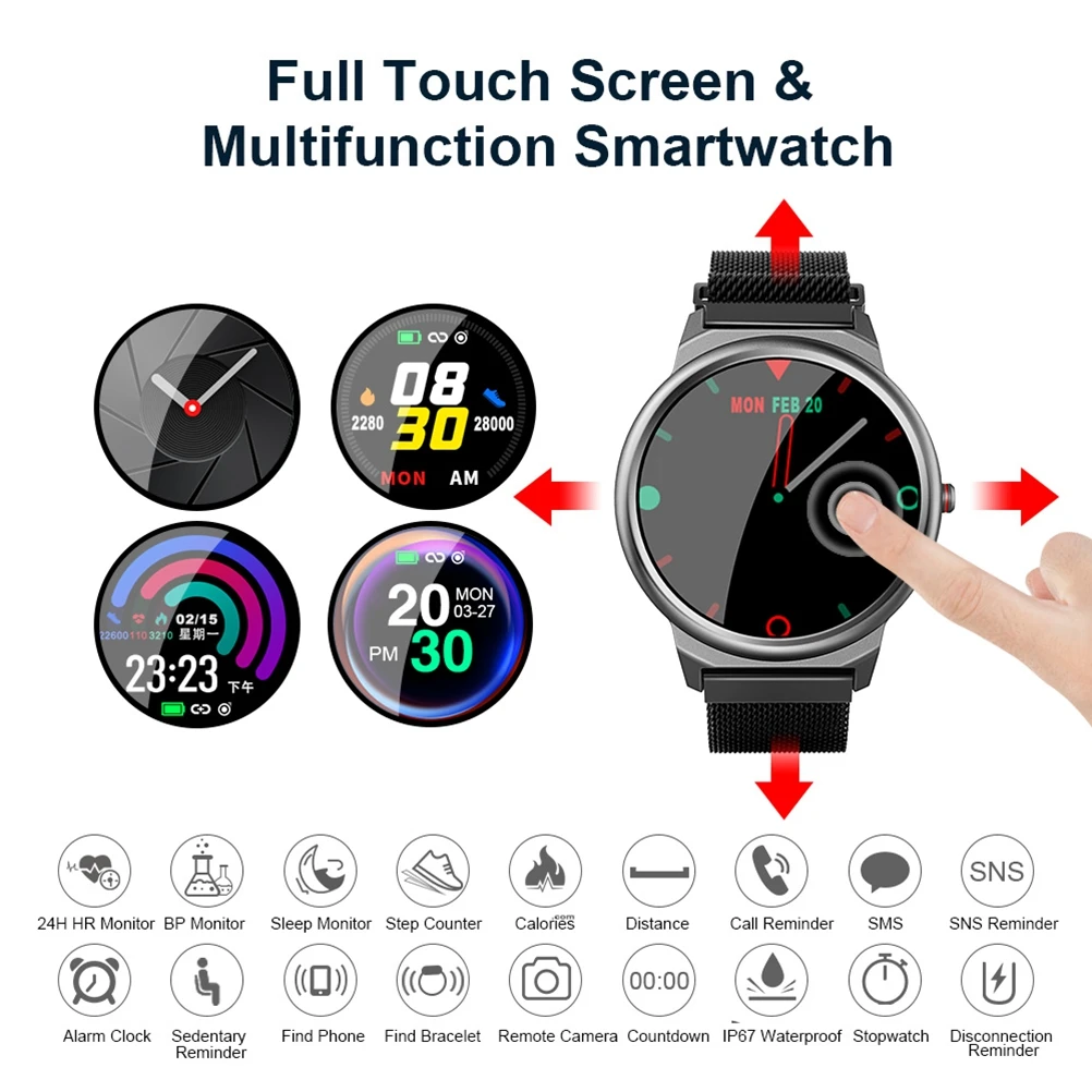 LEMFO Smart Watch Men Full Touch Heart Rate Blood Pressure Monitor Smart Watches Women Waterproof Milanese Strap Android Watch