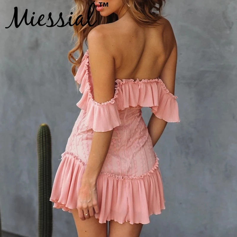 Miessial Розовое Кружевное облегающее платье с открытыми плечами Осеннее винтажное