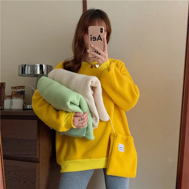 Women Harajuku Solid Sweatshirt with Bag Long Sleeve Hoodie Pullover Cotton Loose Hoodies Kawaii Sweetshirt for Girls Tracksuit
