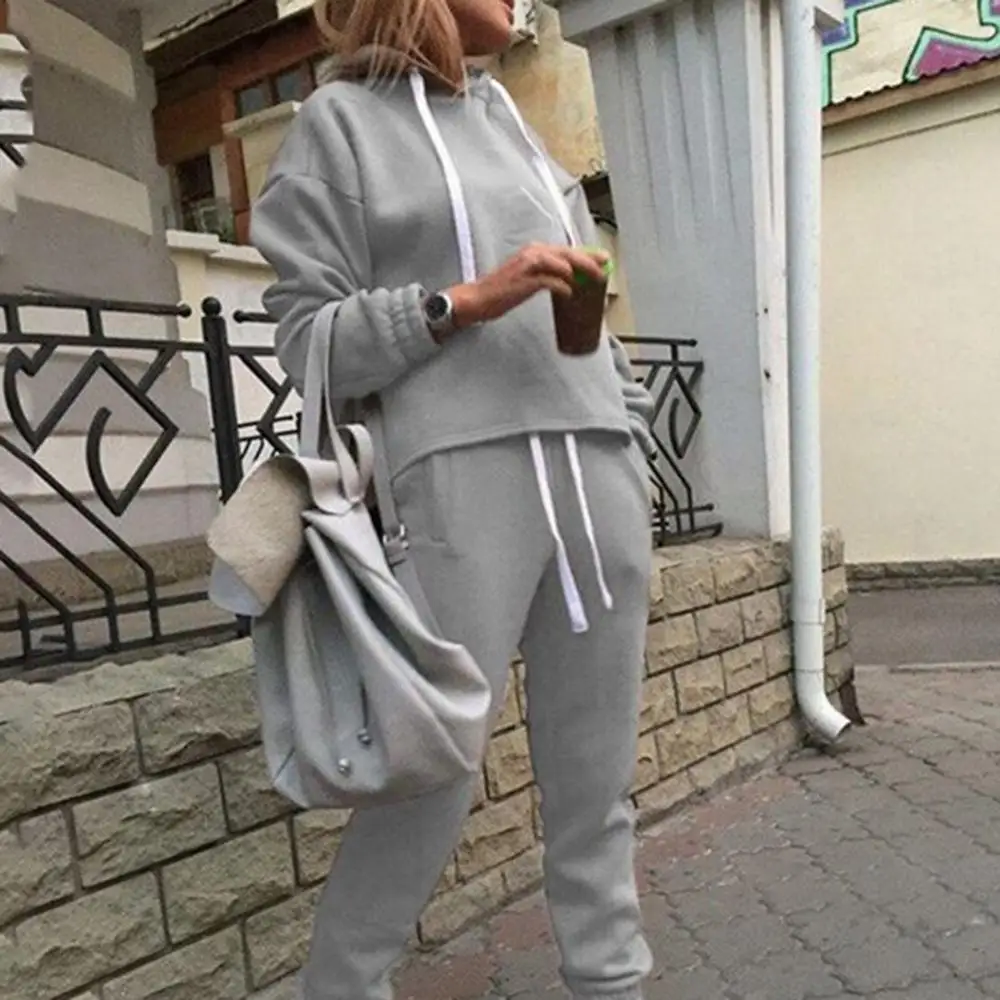 

2Pcs/Set Sports Women Solid Color Drawstring Hooded Sweatshirt Pants Tracksuit
