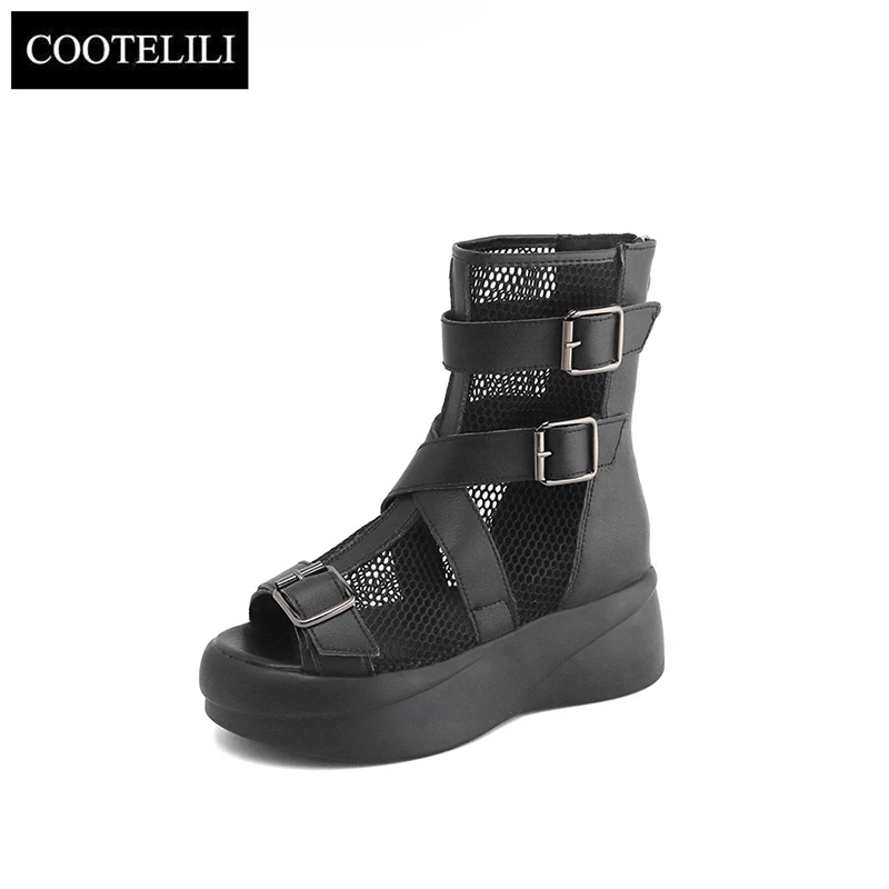 

Woman Sandals Women Fashion Black Sandalias Breathable Mesh 5cm Heel Shoes Platform Buckle Sandale Womens Sandal Zip