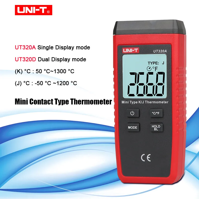 

UNI-T Digital Thermometer C/F Pyrometer -50~1200C Contact Type Temperature Meter K/J Termometro LCD Backlight UT320A UT320D