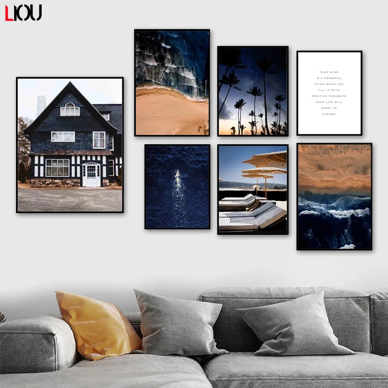 Океан пляж кокосовое дерево горная стена Картина на холсте скандинавские