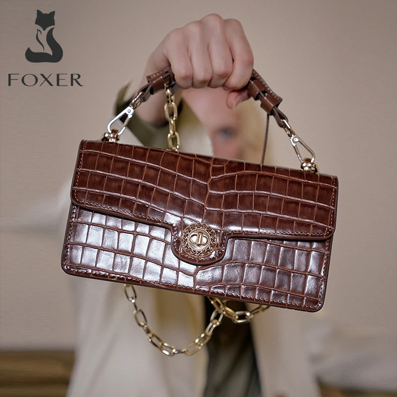 foxer brand 2022 women baguette bag crocodile pattern vintage shoulder handbag for lady luxury crossbody bags casual small purse free global shipping