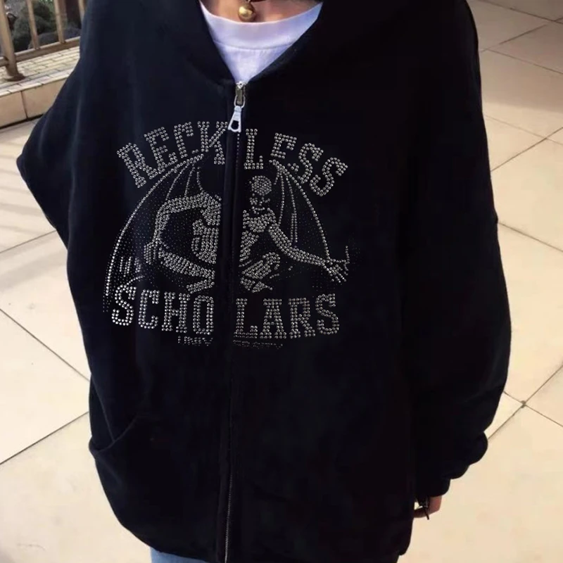 

Korean Fashion Recklessscholars Casual Long Sleeve Femme Goth Oversized Tops Zip Up Hoodie Vintage Y2k Clothes Women Sweatshirts