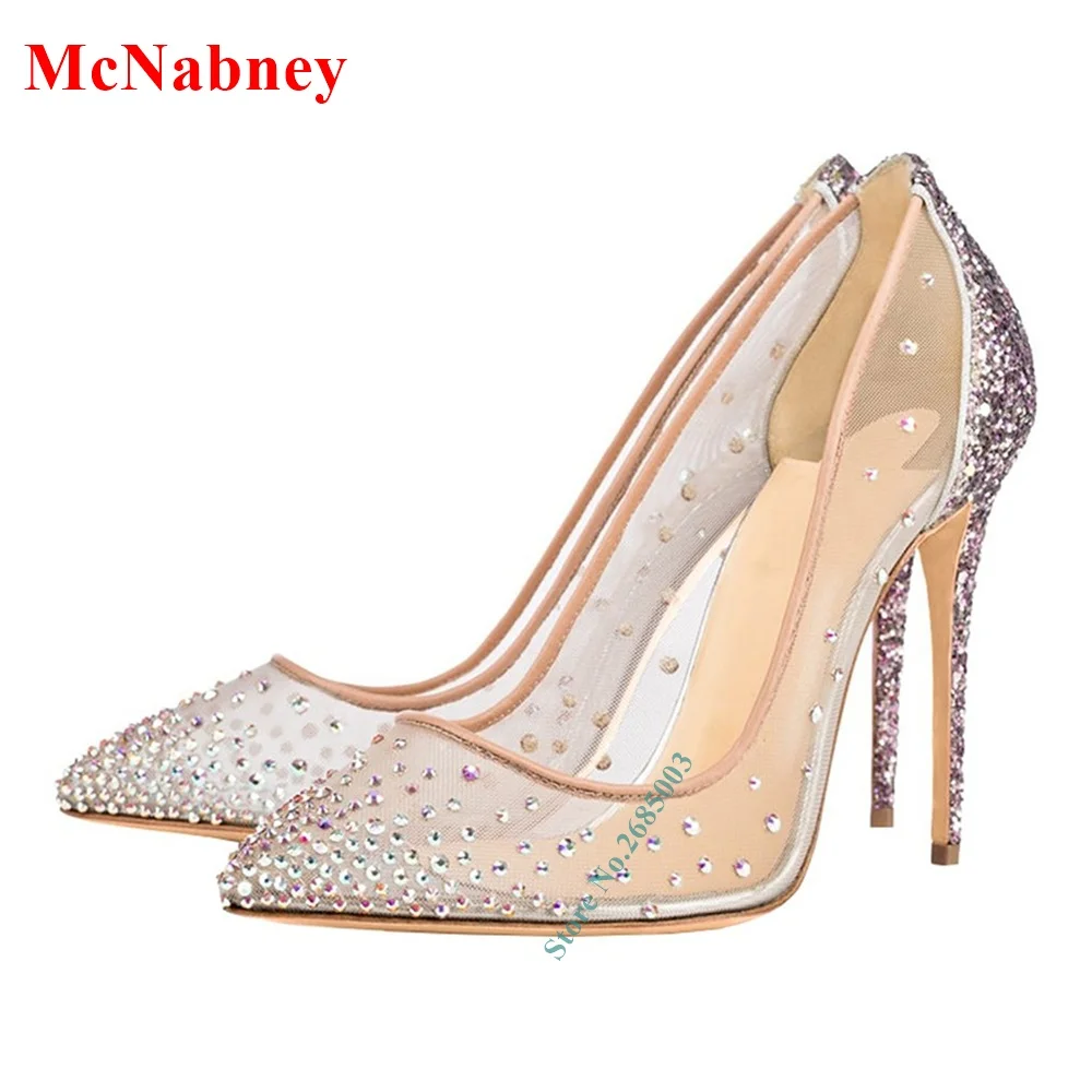 

Crystals Nude Wedding Pumps Female Sexy Party Stiletto High Heels Pointed Toe Ankle Slip On Mesh Newborn Pumps Shallow Summer