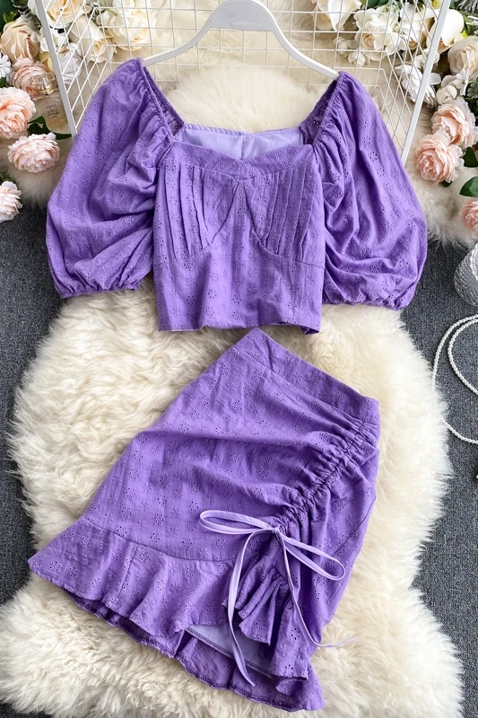 

Runway Designer Set 2020 Woman V-neck Puff Sleeve Top+Irregular Ruffles Skirt Two Piece Set