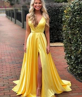 yellow split formal party long women prom dresses 2020 spaghetti straps v neck satin ladies robe evening gowns vestido de festa