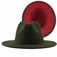 unisex outer army green inner red wool felt jazz fedora hats with thin belt buckle men women wide brim panama trilby cap l xl