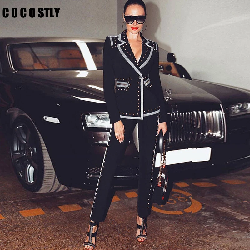 Брючные костюмы женские наборы черный блейзер длинный рукав Модный бисер 2 шт