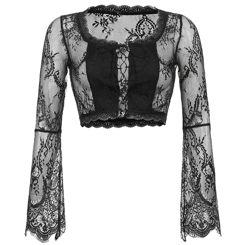 

Fashion Round Neck Black Lace Splicing Top Women Sexy Long Sleeve See Through Cropped Tops