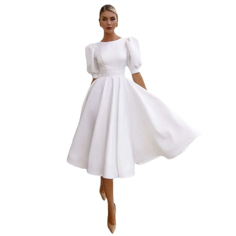 

Spring and Summer New Solid Color Slim-Fit Women's Dress Fashionable Sexy Large Swing Short Sleeve