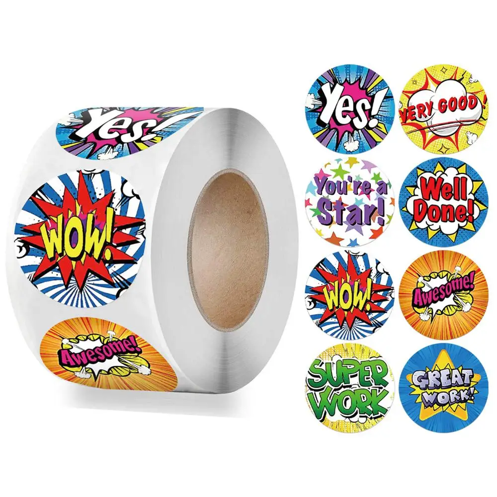 Pegatinas de recompensa en ingl&eacute;s de dibujos animados para estudiantes, juguete cl&aacute;sico de ni&ntilde;os, pegatina de aliento de 1 pulgada, 500 Uds.-0
