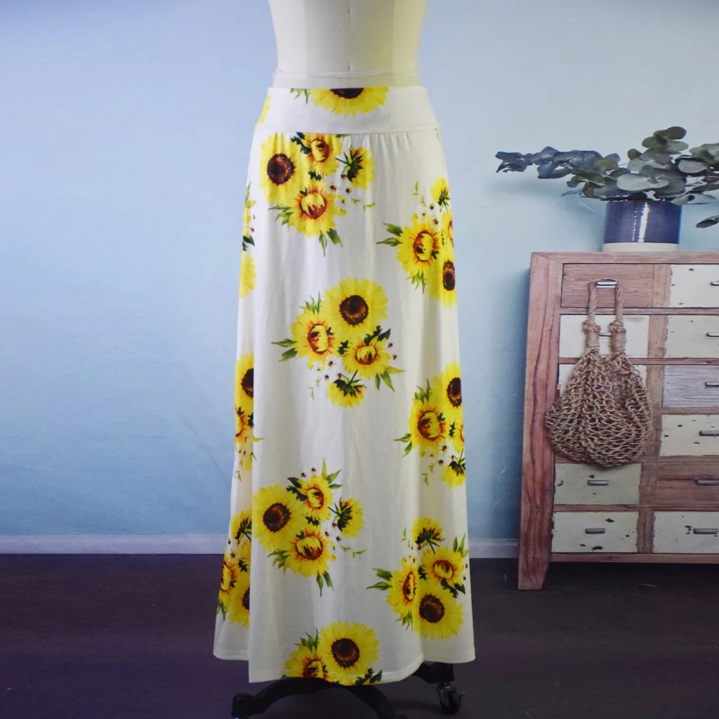 

Summer women’s trendy fashion high waist sunflower print slim and comfortable long skirt girl street fresh style