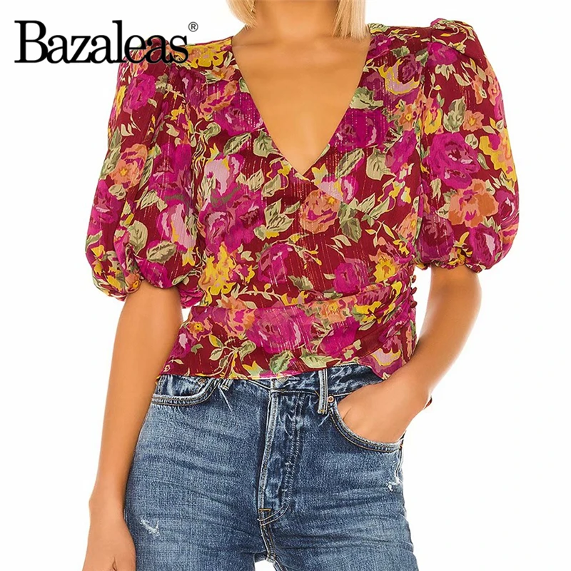 Bazaleas шикарная красная шифоновая блуза с цветочным принтом ropa mujer модная женская