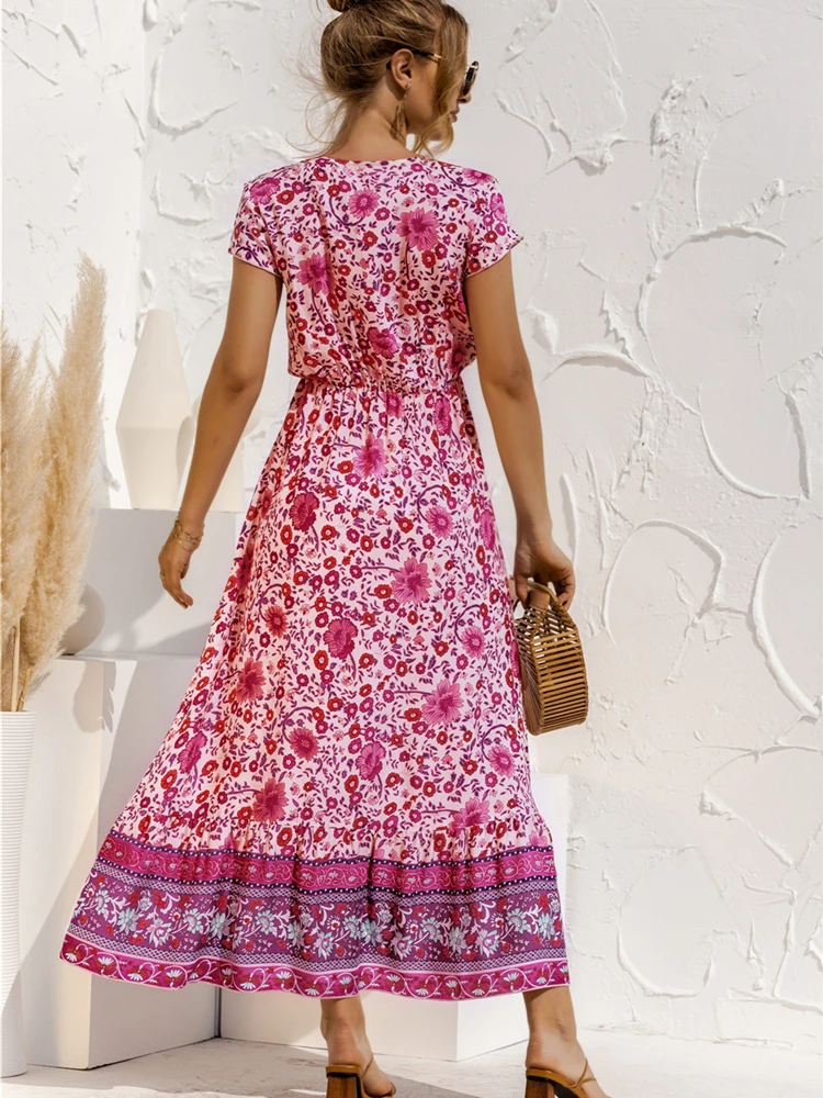 

Summer Retro Floral Women Dress Sexy V Neck Short Sleeve Chiffon Dress Elastic Waist Ankle-Length Banquet Dresses Boho Sundress
