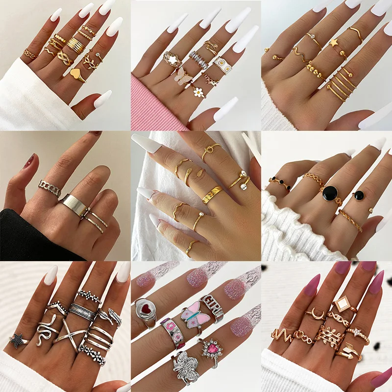 

Hiphop Gold Snake Rings Set For Women Punk Silver Color Star Simple Finger Rings 2021 Chain Trend Jewelry Party Decal