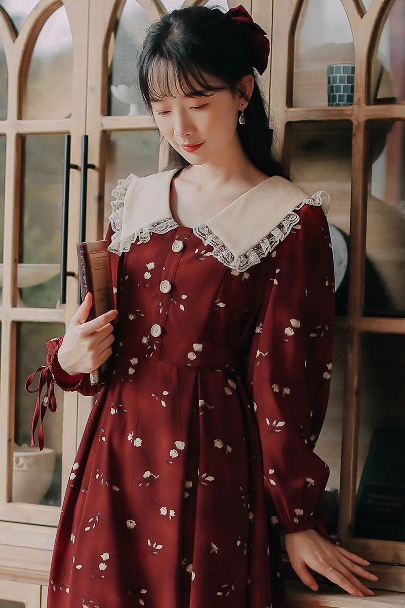 

2021 New Fashion Women's Clothing Turn-Down Collar Full Print Vintage Dress