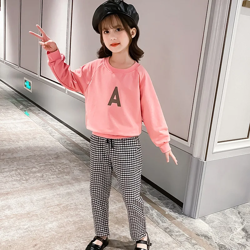Spring Autumn Girls Tracksuit Teenage Stylish Simplicity Casual Outfit Kids Sweatshirt+ Plaid Slack Pants 2pcs Set Children Suit