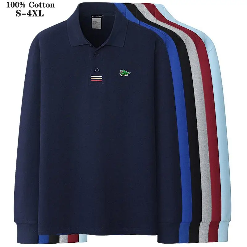 Рубашка-поло мужская с длинными рукавами 100% хлопок Повседневная модная одежда