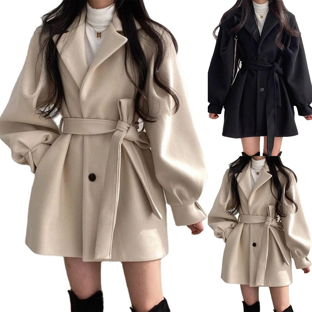 

Women Elegant Long Wool Coat Winter Warm Jacket Coat Dress Lace Up Lapel Overcoat Loose Casual Outwear 2021 Women Jackets