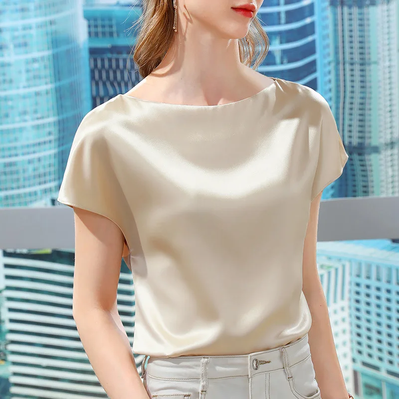 

Satin Blouse Plus Size Clothing For Women Vintage Short Sleeve Shirts Korean Fashion Tops Acetate 2021 Spring Summer New D0033