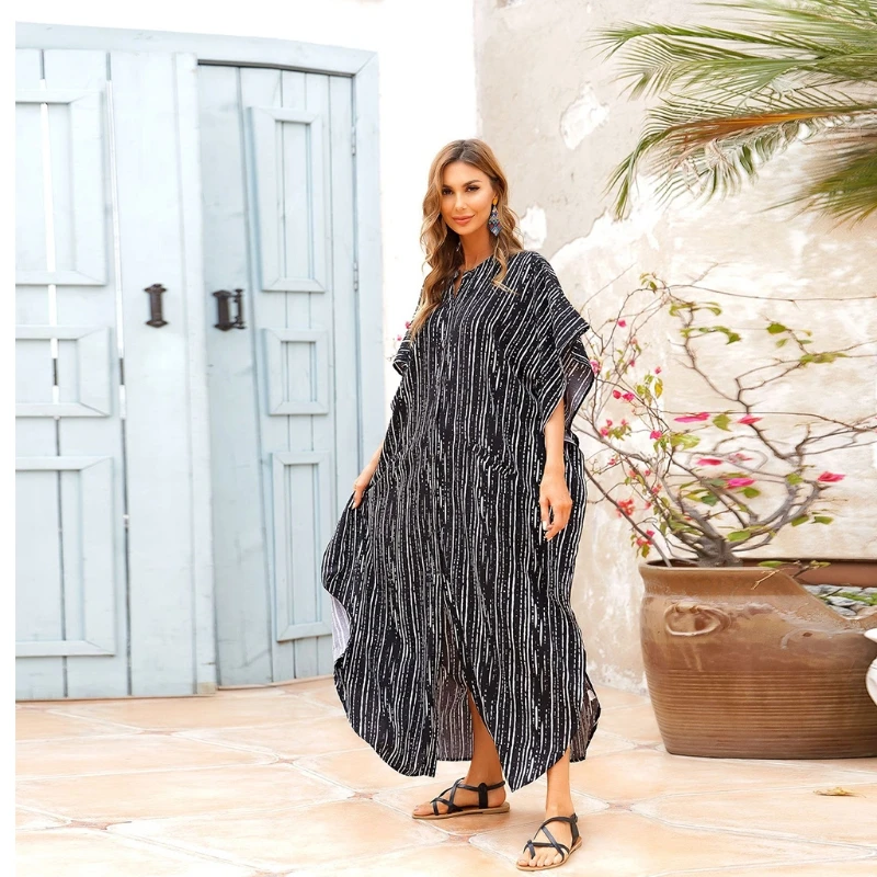 

Women Beach Shirt Dress Simple Striped Print Button Down Bikini Swimsuit Cover Up Vacation Robe Kaftan with Pockets