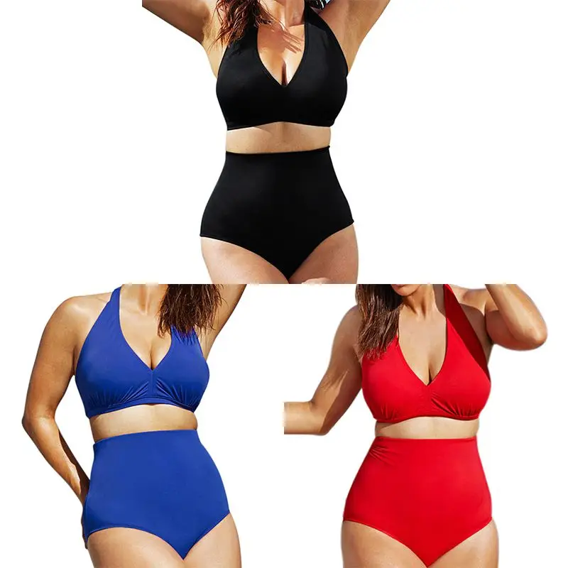 

Sexy Women Swimwear Bikini Set Solid Color Bandage Bathing Suit Swimsuit High Waist Halter Bra & Panty Two Piece Suits Beachwear