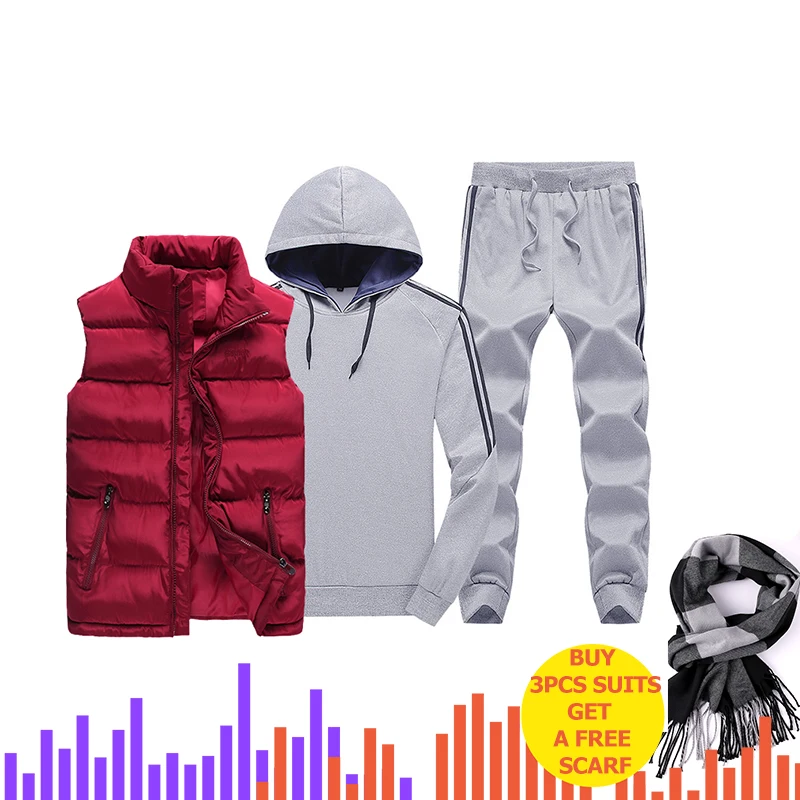 Комплект из 3 предметов с капюшоном, мужские спортивные костюмы, мужской зимний утепленный спортивный костюм, 3 предмета, куртка с меховым капюшоном+ флисовые толстовки+ штаны, мужской костюм - Цвет: Red Gray ZH301