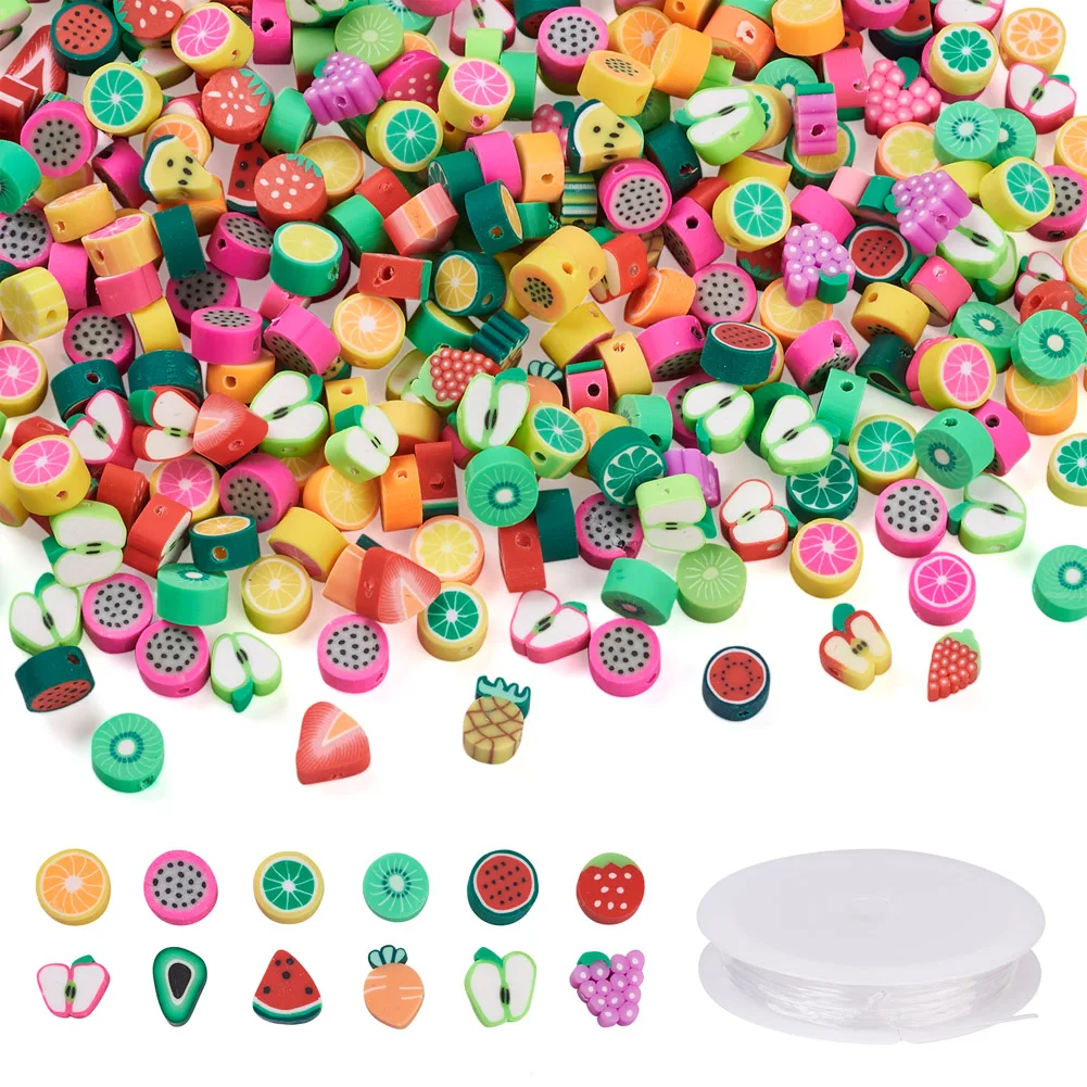 500Pcs Handmade Polymer Clay Beads Mixed Fruit Beads With Elastic Crystal Thread For Bracelet Necklace DIY Jewelry Making Set