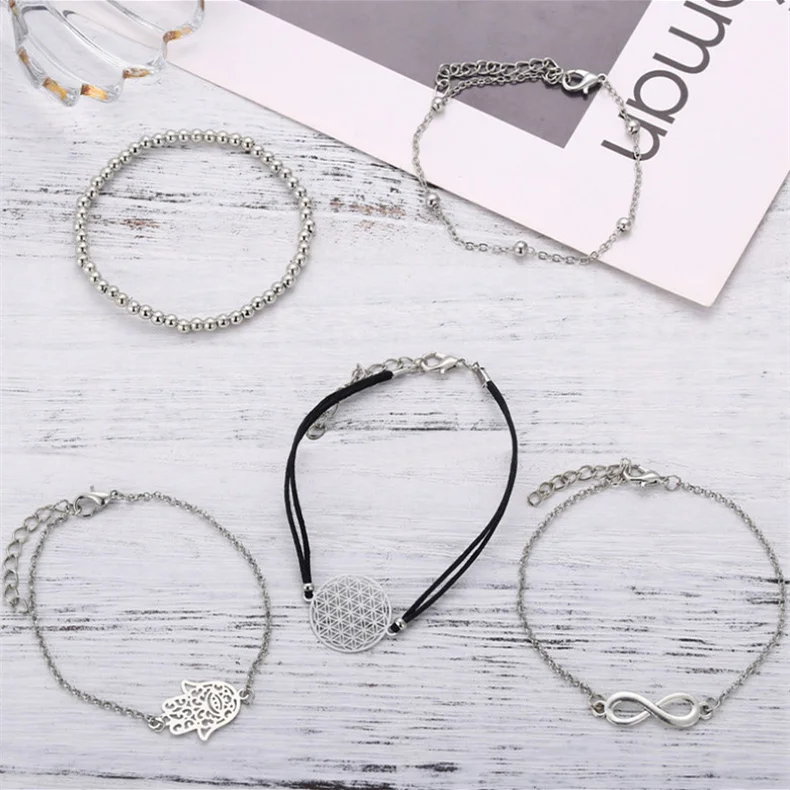 

5 Pcs/Set Lucky Figure 8 Hollow Palm Silver Multilayer Bracelet Set Fashion Jewelry Accessories for Women