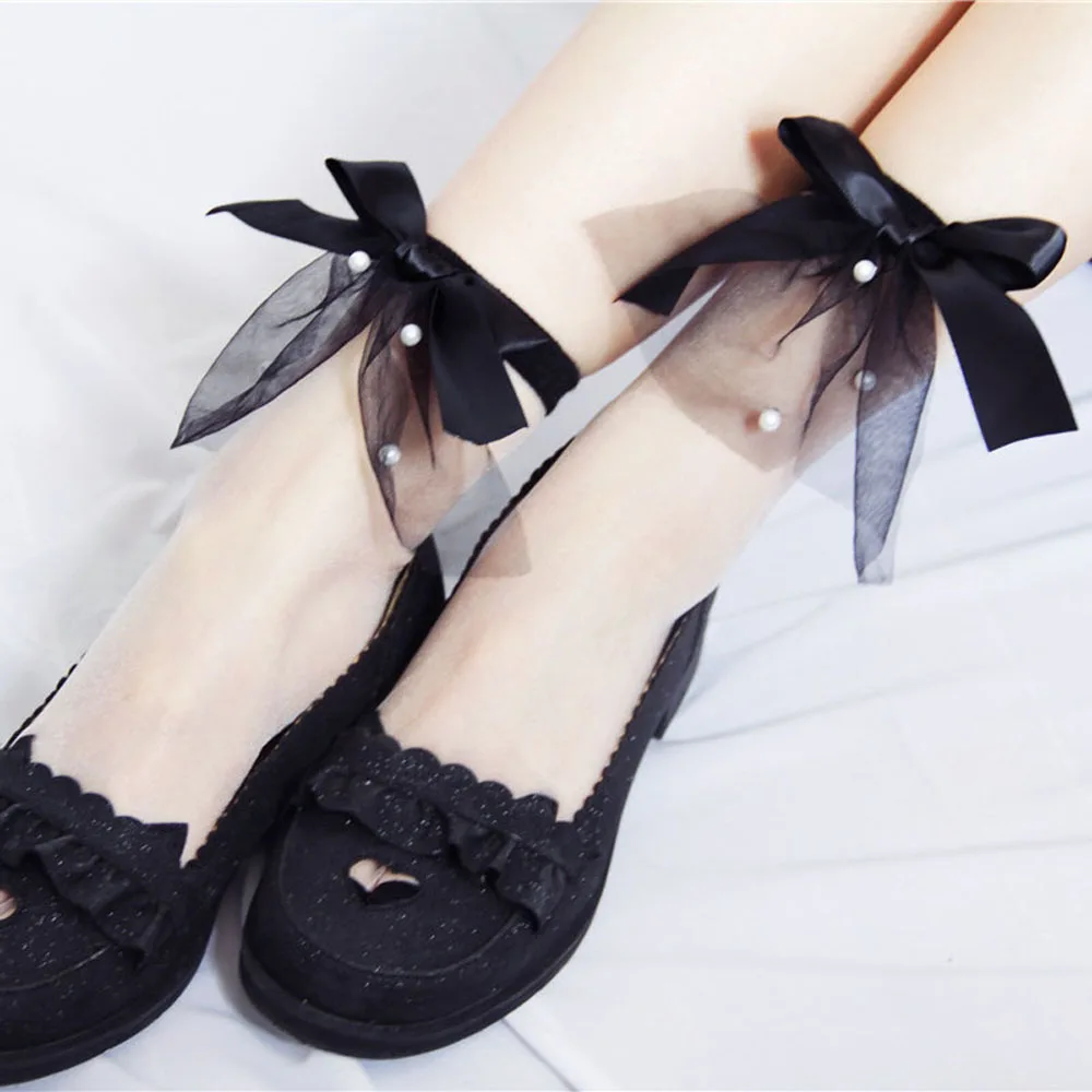 

1 Pair Summer Casual Thin Socks Transparent Sock Kawaii Solid Colors Short Stocks Retro Pearl Lace Bow Mesh Glass Yarn Socks