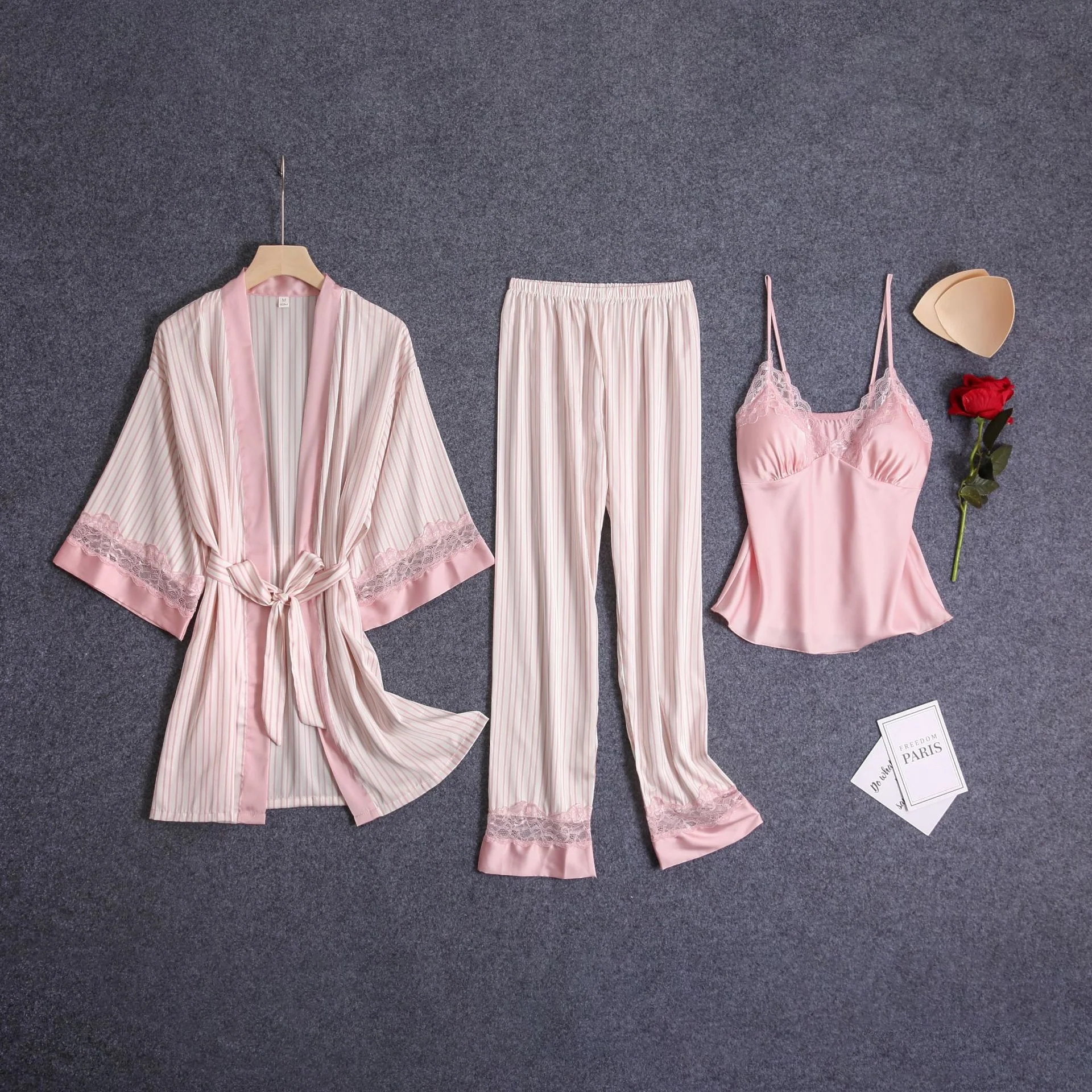 3 Pcs Suit Striped Print Women Pajamas Ice Silk Lace Sexy Sleepwear With Chest Pad V-Neck Pyjamas