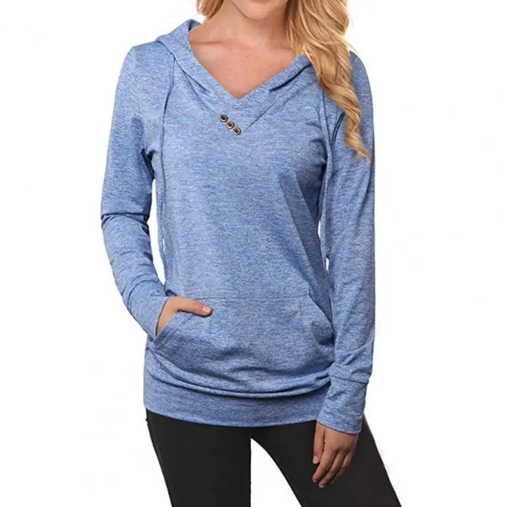 

Hooded Sweatshirt Women Front Pocket Thin Casual Women Coat Long Sleeve V-Neck Solid Color Pullover Sweatshirt Outerwear