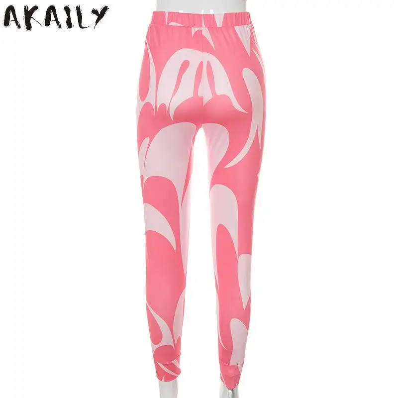 

Akaily Autumn Streetwear Color Print Pencil Pants Women High Waist Skinny Long Trousers Female 2021 Sports Casual Long Pants