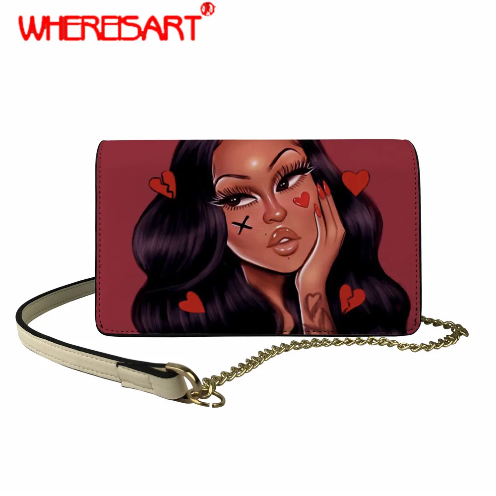 

WHEREISART African Poopin Queen Sweat Girls Printed Vintage Saddle Bag Casual Travel Chain Square Bag for Women Girls Party Bags