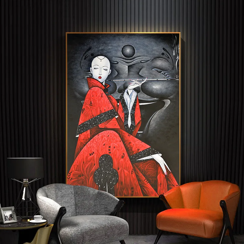 Красная японская Ретро девушка китайская Современная Настенная Печать