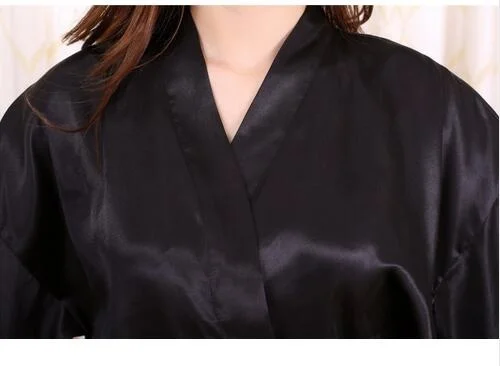 

New Black Chinese Women's Faux Silk Robe Bath Gown Hot Sale Kimono Yukata Bathrobe Solid Color Sleepwear S M L XL XXL NB032