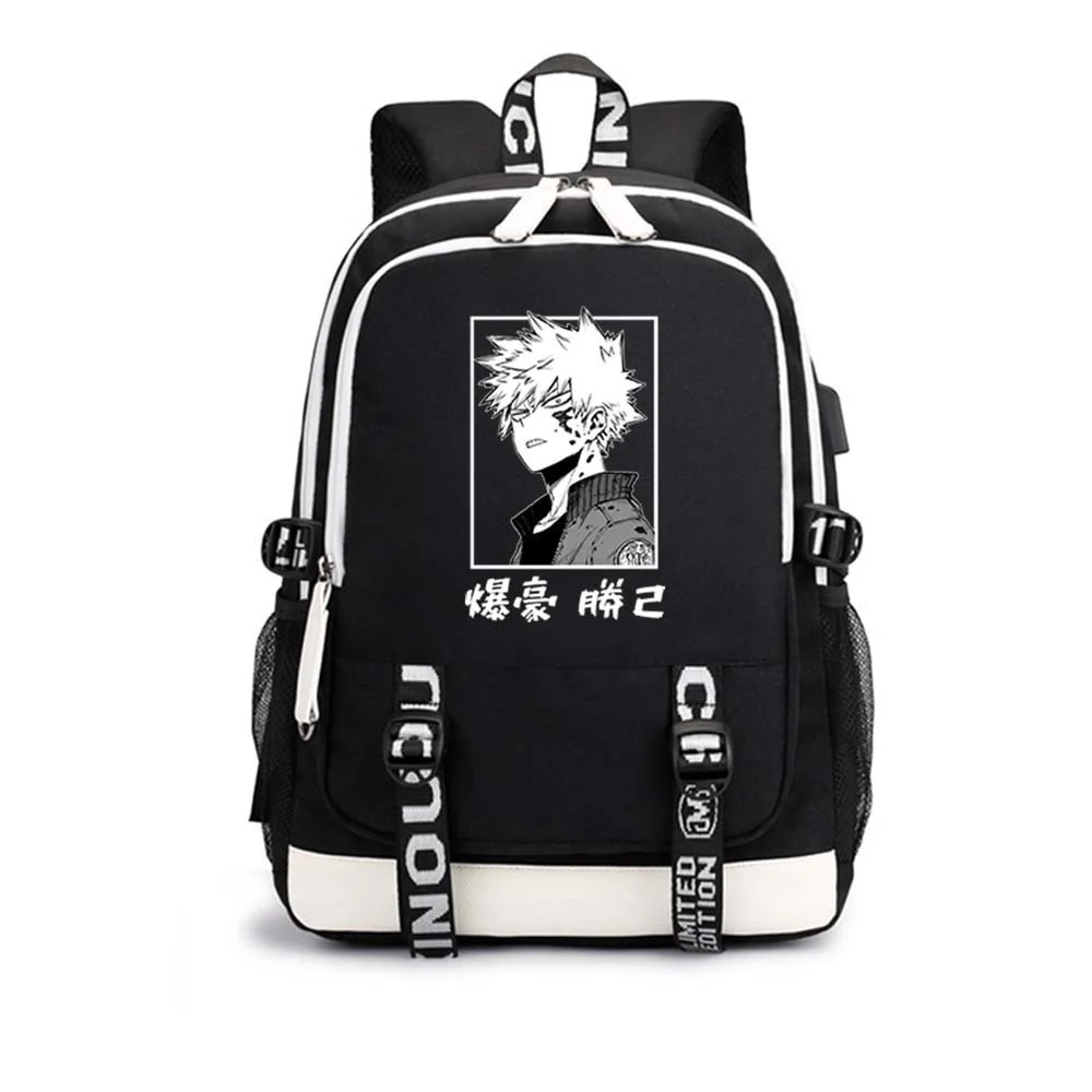 

Аниме Рюкзак MHA Bakugou Katsuki Bakugo принт Косплей мой герой Академия USB плечо сумка Kawaii черный школьный рюкзак книжные сумки 2021