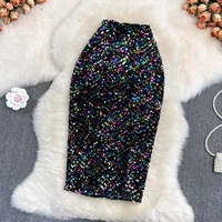 sexy women sequins glitter pencil skirt 2021 fashion autumn winter high waist slim bodycon skirt knee length club party skirts